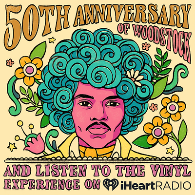 50th Anniversary Woodstock - Jimi Hendrix (iHeartRadio) 60s 70s afro floral groovy handlettering hippie illustration jimi hendrix portrait poster design psychedelic typography woodstock