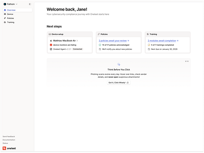 Compliance Employee Portal - Overview Page cards compliance dashboard empty state figma home light mode mdm minimal oneleet overview product design saas security tips ui ui design web