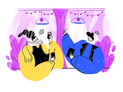 Meetup in Cafe Illustration Design branding coffee couple dailyui design designinspiration illustration phone talk ui uidesign uxinspiration webdesign