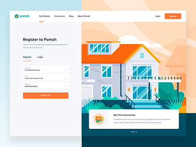 Pomah Rent House - Register Page app booking home hotel house illustration login page real estate register rent room sign in ui web design