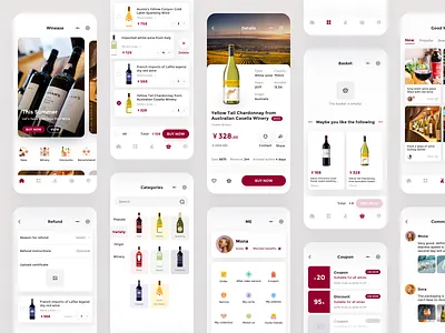 Winease app basket bottle cards category comment coupon icon illustration list logo mobile order red wine ui wine winery