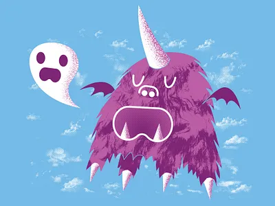 The Unibeast Speaks Ghastly Things adventure time beast blue clouds flat flying ghosts grunge halftone halftones illustration illustrator monster print print design prints purple screenprint unibeast unicorn