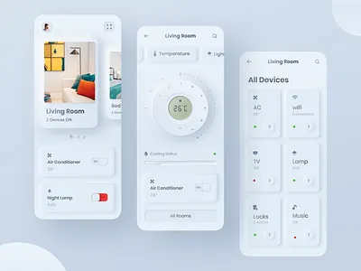 Skeuomorphic styled home control app UI air conditioner app ui controller decor design dribbble fan home home control livingroom muzli skeuomorph skeuomorphic skeuomorphism temperature tv app ui uidesign uiux