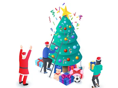 People and Santa Claus decorate christmas tree 3d charachters christmas illustration isometric new year people santa claus tree
