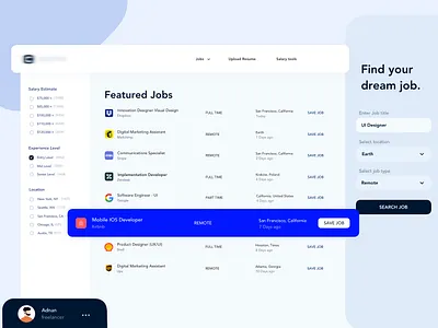 Jobs Application clean company design jobs remote search tables ui ux web web design website