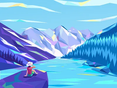 Beautiful View colorful art girl illustration lake low poly moutains snow snow mountain view