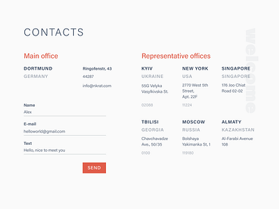 Contacts page contact form contacts designer viktor klimenko high key landing vitya klimenko web web design web designer web page website white and red