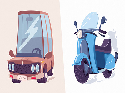 Car & Scooter art car cartoon design flat funny game illustration italian old scooter speed transport transportation vector vintage