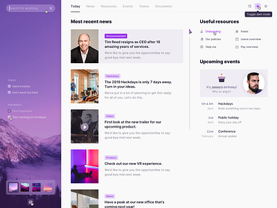 Most recent news dashboad home plugin purple ui web