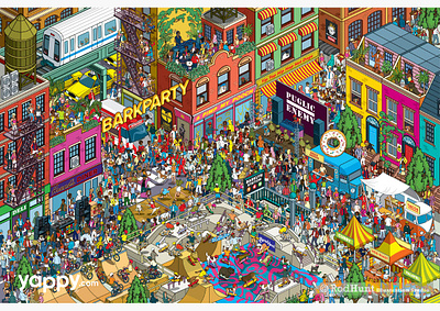 Baby Got Bark - Where's Your Dog? Book Spread city cityscape detail dogs graphic hidden object hiphop illustration illustrations illustrator illustrators isometric pets pixel art rap search and find seek and find urban wheres waldo wheres wally