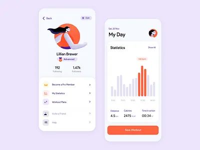 Workout Statistics & Profile 🥇 charts clean clean design fitness gym ios modern picture plans premium profile running settings sports statistics support ui user ux workout tracker