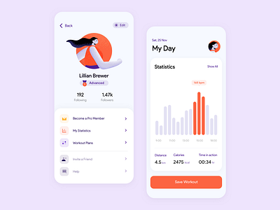 Workout Statistics & Profile 🥇 charts clean clean design fitness gym ios modern picture plans premium profile running settings sports statistics support ui user ux workout tracker