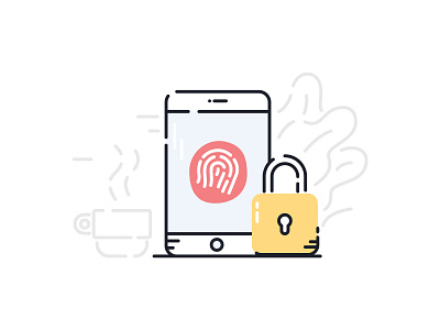 Phone Privacy cellphone coffee coffee cup fingerprint illustration illustrator lock padlock phone plants privacy security ui ui illustration