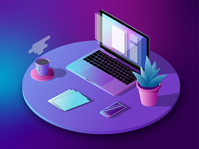 Isometric laptop adobe illustrator blue illustration illustrator iso isometric isometric illustration laptop minimal phone pupil team vector violet workplace