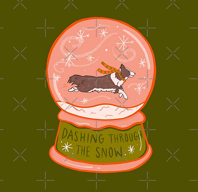 Dashing through the snow australian shepherd border collie christmas christmas card design dog drawing illustration procreate procreate art puppy quote snow snowglobe typography winter