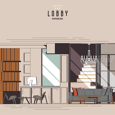 Hotel Lobby, Illustration #2 architecture beige boutique class classic color cozy design elevation hotel illustration illustrator lobby reception section vector