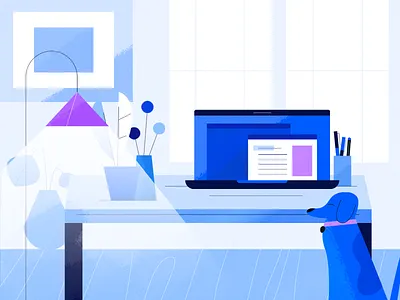 home office digital dog interior laptop lights office plants scene texture vector windows