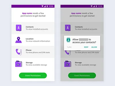 Permissions Request access accessibility app contacts design illustration location permissions phone storage ui vector