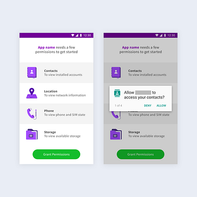 Permissions Request access accessibility app contacts design illustration location permissions phone storage ui vector