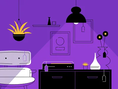 Living Room black chair dresser furniture home illustration lamp living room mid century plant purple record player vase vector