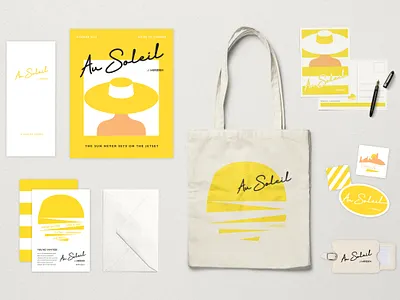 Au Soleil '19 Branding Suite beach brand design brand identity collateral experiential hotel illustraion invitation magazine mid century print seasonal stickers summer sun tote travel