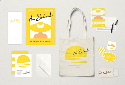 Au Soleil '19 Branding Suite beach brand design brand identity collateral experiential hotel illustraion invitation magazine mid century print seasonal stickers summer sun tote travel