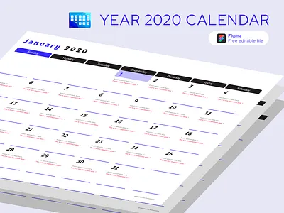 Year 2020 Calendar Template 2020 calendar calendar template download edit figma free mockup template