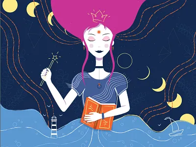 Disney princess dreaming while reading a book blue character colorful design disney dream eclipse fairytale fantasy girl illustration imagination lighthouse moon princess purple reading sea sky vector art
