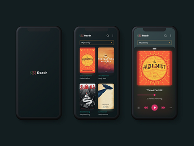 Audio book app (dark mode) audio audiobook book clean ui daily 100 challenge daily ui dailyui logo minimal reading reading app ui uiux ux