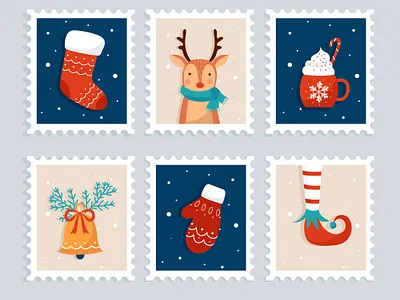 Christmas stamp collection blue christmas collection deer illustration stamp vector winter