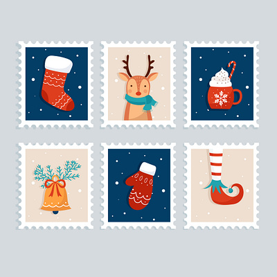 Christmas stamp collection blue christmas collection deer illustration stamp vector winter