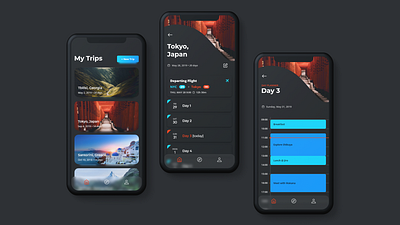 Travel Itinerary & day planner app (dark mode) clean ui daily 100 challenge daily ui dailyui dark mode itinerary minimal travel app ui ui design uiux ux