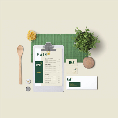 RAB visual Identity bar brand branding design green identity illustration logo restaurant stationary typography vector