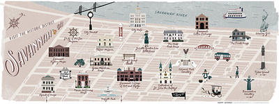 Savannah, GA Illustrated Map buildings illustration map retro texture travel vector vintage