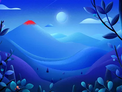 Mesozoic Moon blue clouds dinosaurs hill illustration landscape lava light moonlight nature period tree vector