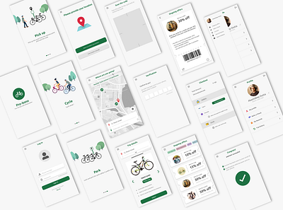 Pro-bono - The cycle renting app android app clean coupons crads cycle design green map minimal mobile mobile app modern payment product design profile page simple clean interface splash screen ui ux