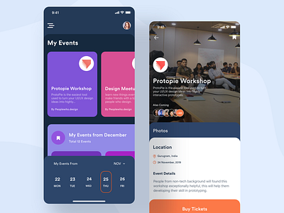 Event App app bookmark bookmarks calendar cards cards ui clean dark mode dark ui design event event app events mobile modern design modern ui ronak chhatwal typography ui ux