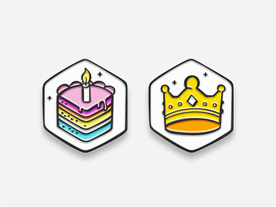 Cake and Crown pins 3d badge cake crown design dessert food icon set icons illustration king logo logotype mark mocup outline pin queen sweet