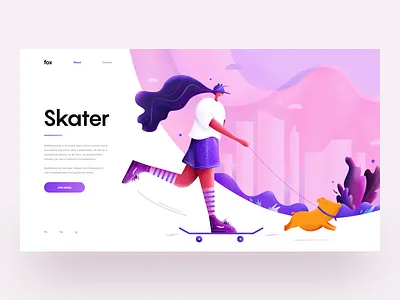 Skater :: Illustration :: UI Design building city cloud girl illustration minimal modern pet pig pink purple skateboard skateboarding skater sport theme tranmautritam ui design web design woman