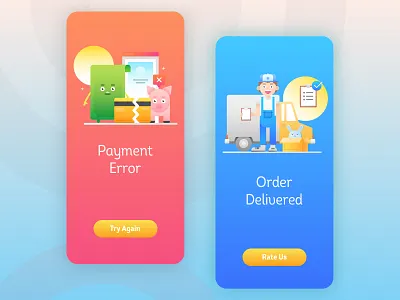 "Payment Error" and "Order Delivery" animal application colorful cute delivery design dog error illustration order payment rating sketch ui ui ux vector