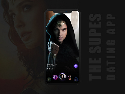 THE SUPES DATING APP application design carousel color dark theme dating dating app dc dc comics dccomics interface design like marvel marvelcomics slider superhero superheroes swipe ui ux wonder woman