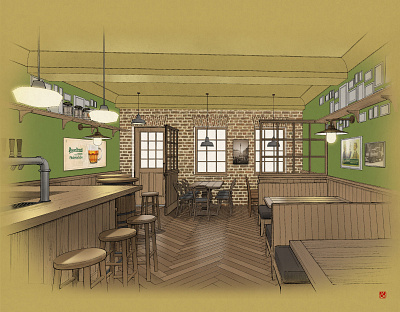 Chech pub interior illustration bar concept illustration interior pub sketch