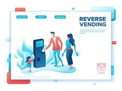 Reverse vending blue cartoon design ecology flat illustration landing page people plastic recycling reverse ui ux vector vending