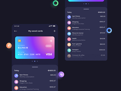 My Cards - Dark Version app bank branding card circle clean dark design flat gradient icon illustration ios logo minimal mobile payment typography ux vector