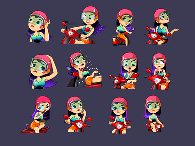 Girl Rider VIber sticker pack bike branding charecter design communication concept girl character illustration messenger rider sticker design style vector vector art viber