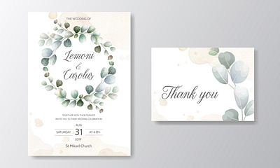 wedding invitation card with Eucalyptus leaves template art autumn winter background banner beautiful border botanical bouquet branch card celebration decoration decorative design elegant eucalyptus floral flower foliage forest