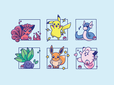 Starter Pokemon Series anime characters clefairy colors cute digital illustration dratini eevee fan art flat icons icons design illustrations oddish pikachu pokemon pokemongo video games vulpix