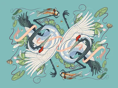 Red Crowned Cranes crane dry ink brush fish fishing illustration koi koi fish lilypad lilypads procreate symmetry