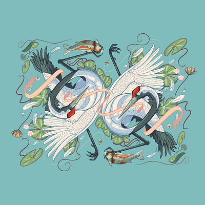 Red Crowned Cranes crane dry ink brush fish fishing illustration koi koi fish lilypad lilypads procreate symmetry