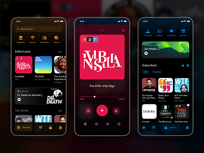 Podcasts. concepts dark mode dark ui interface ios iphone mobile mobile app music player podcasts product design ui ui design uiux visual design
